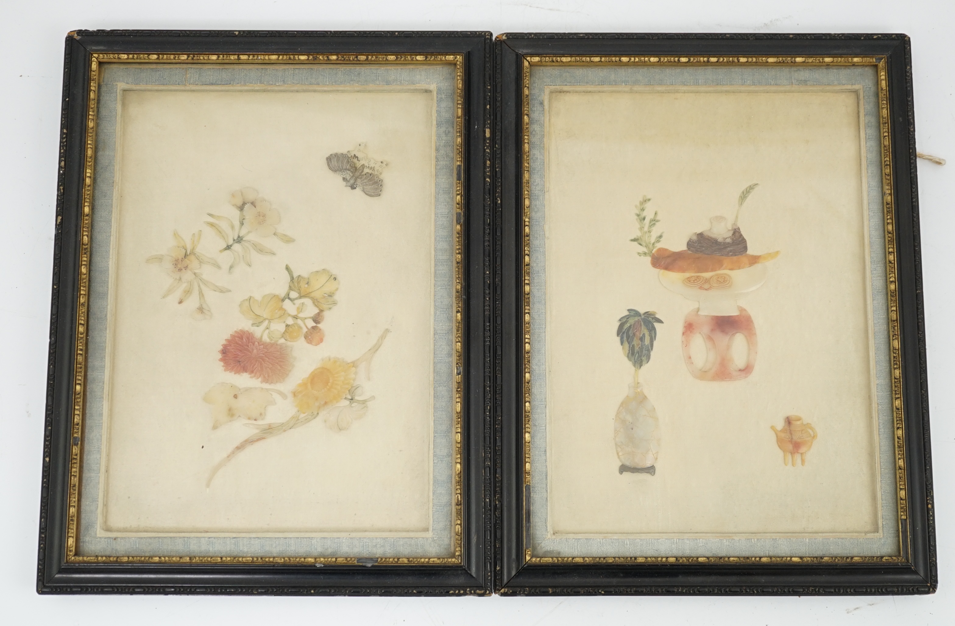 A pair of Chinese hardstone or soapstone appliqué work pictures of antiques, early 20th century